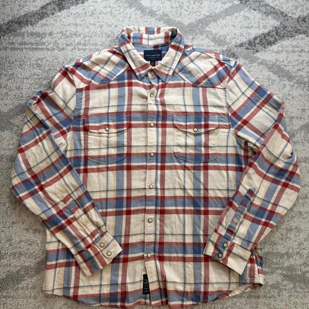 LUCKY Brand Flannel Shirt Mens Large Ivory Red Western Pearl Snap Long Sleeve